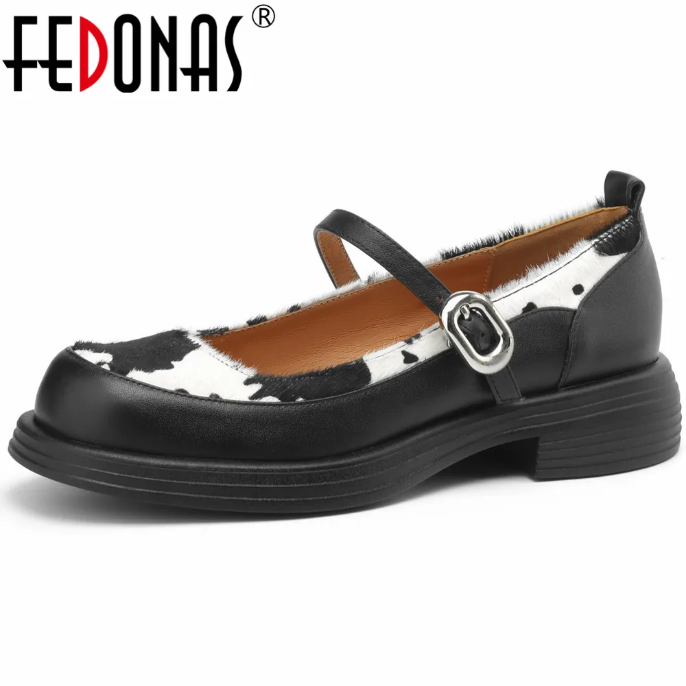 

FEDONAS Splicing Genuine Leather Women Pumps Round Toe Fashion Buckle Strap Mixed Colors Casual Basic Spring Summer Shoes Woman