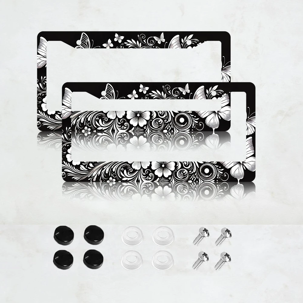 

2PC Black Butterflies Pattern Aluminum License Plate Frame - US Standard Size, Decorative Car License Plate Bracket, 2 Holes