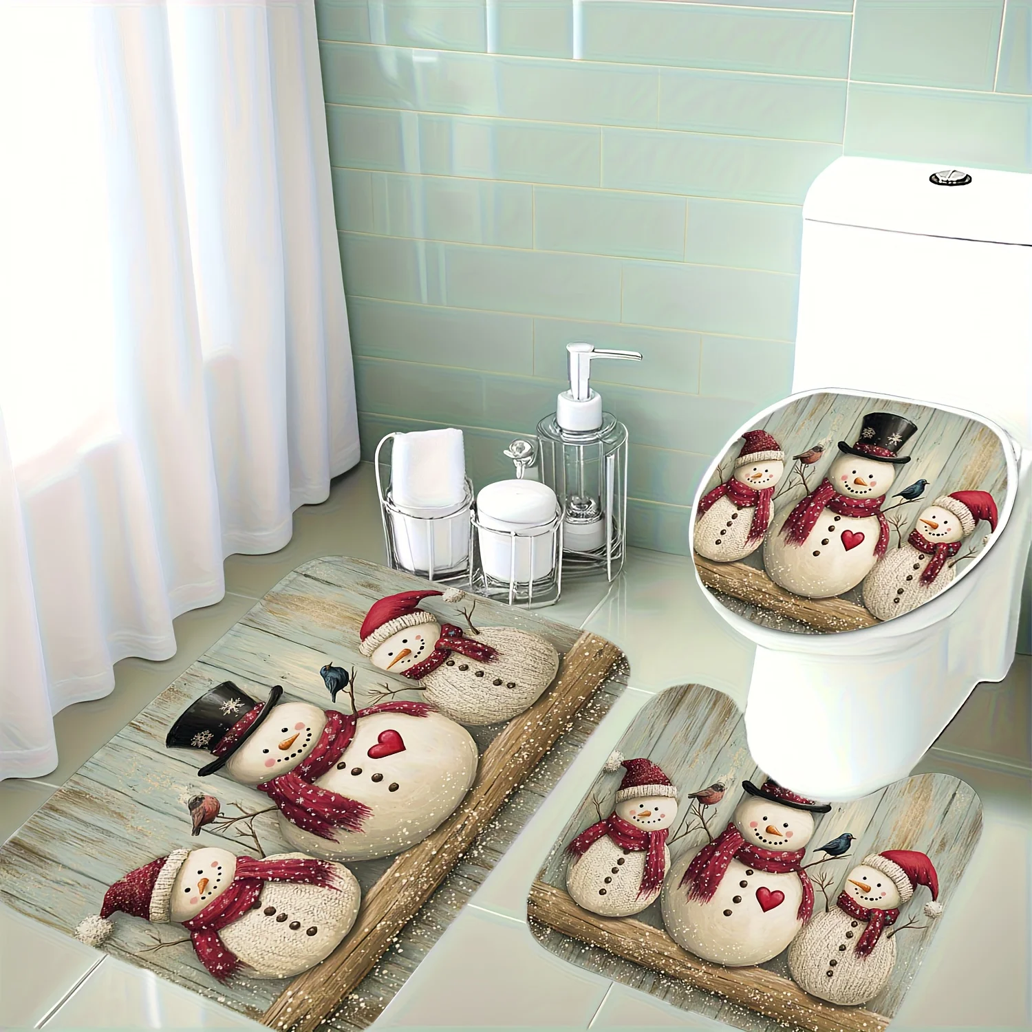 

Christmas Decoration, 3pcs Set Featuring Adorable Snowman Family Design with Cobblestone Texture, Includes Bath Mat, Toilet Lid