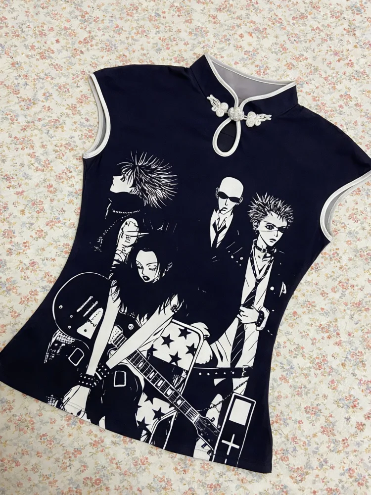 Black White Anime Rock Band Print Cheongsam Top Women 2026 Frog Button & Mandarin Collar Detail Y2K Retro Aesthetic Streetwear