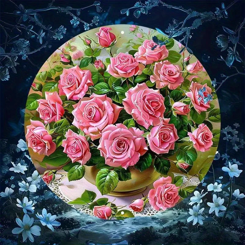 2D Flat, [2D Flat] 2D Flat Print 1pc Metal Iron Sign.An 8X8 Inch (20X20cm) Round Sign Featuring a Design of Pink Rose Crowns, Su