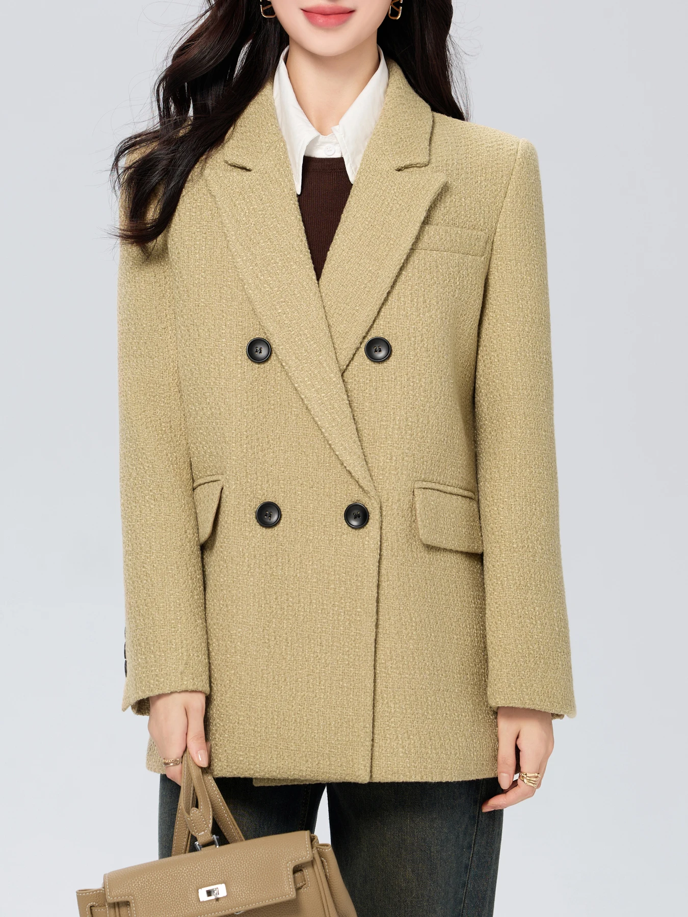 ウール混紡無地ピークドラペルブレザーダブルブレストルーズ長袖スリムプロフェッショナル万能スーツジャケット