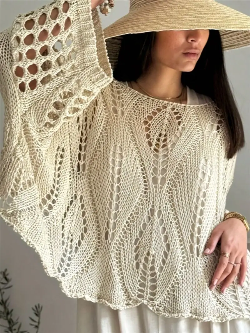 Women's Hollow Bohemian Hollow Knitted Beach Cover Shirt With Bell Shaped Flared Sleeves Loose Perspective Crochet Holiday Shirt