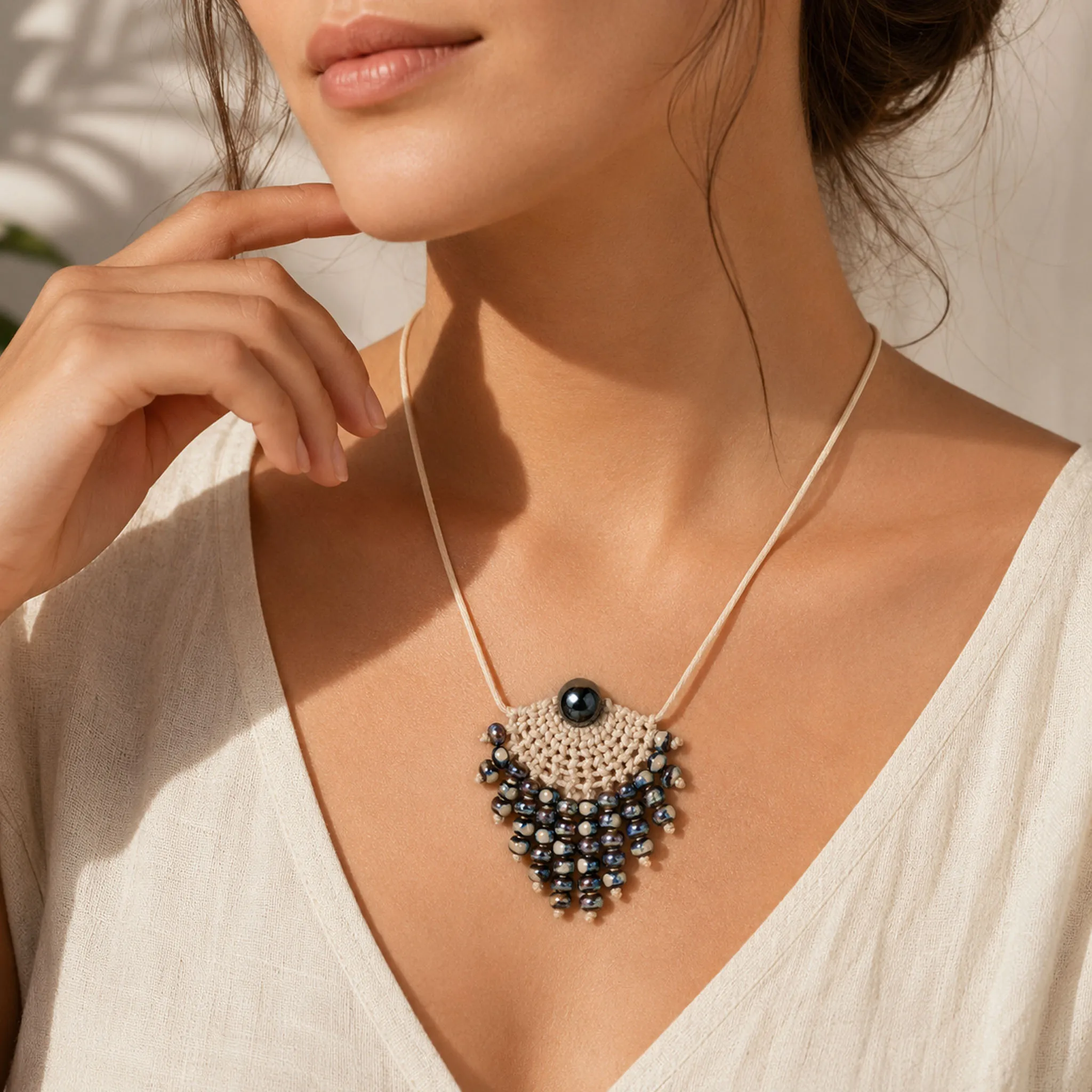 Aprikosenfarbene Kordel-Halskette mit gewebten Keramikperlen, handgefertigt, verstellbar, Wachskordel-Schmuck, Geschenk S04-0124