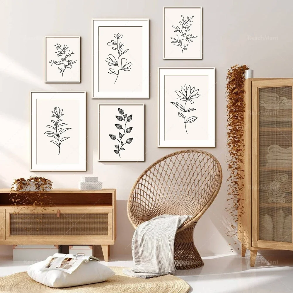 Line Art Abstract Plant Prints, Plant Leaf Art Bohemian Lines Modern Abstract Line Prints Home Decor Canvas Printed Posters