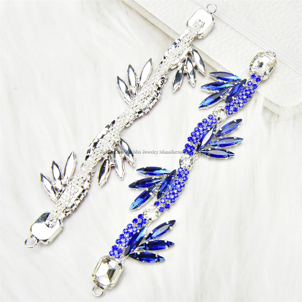 2Pcs Bamboo Leaf Rhinestone Chain 3x13cm Colorful Horse Eye Glass Crystal Applique Trim for Flip Flops Bra Straps Decoration