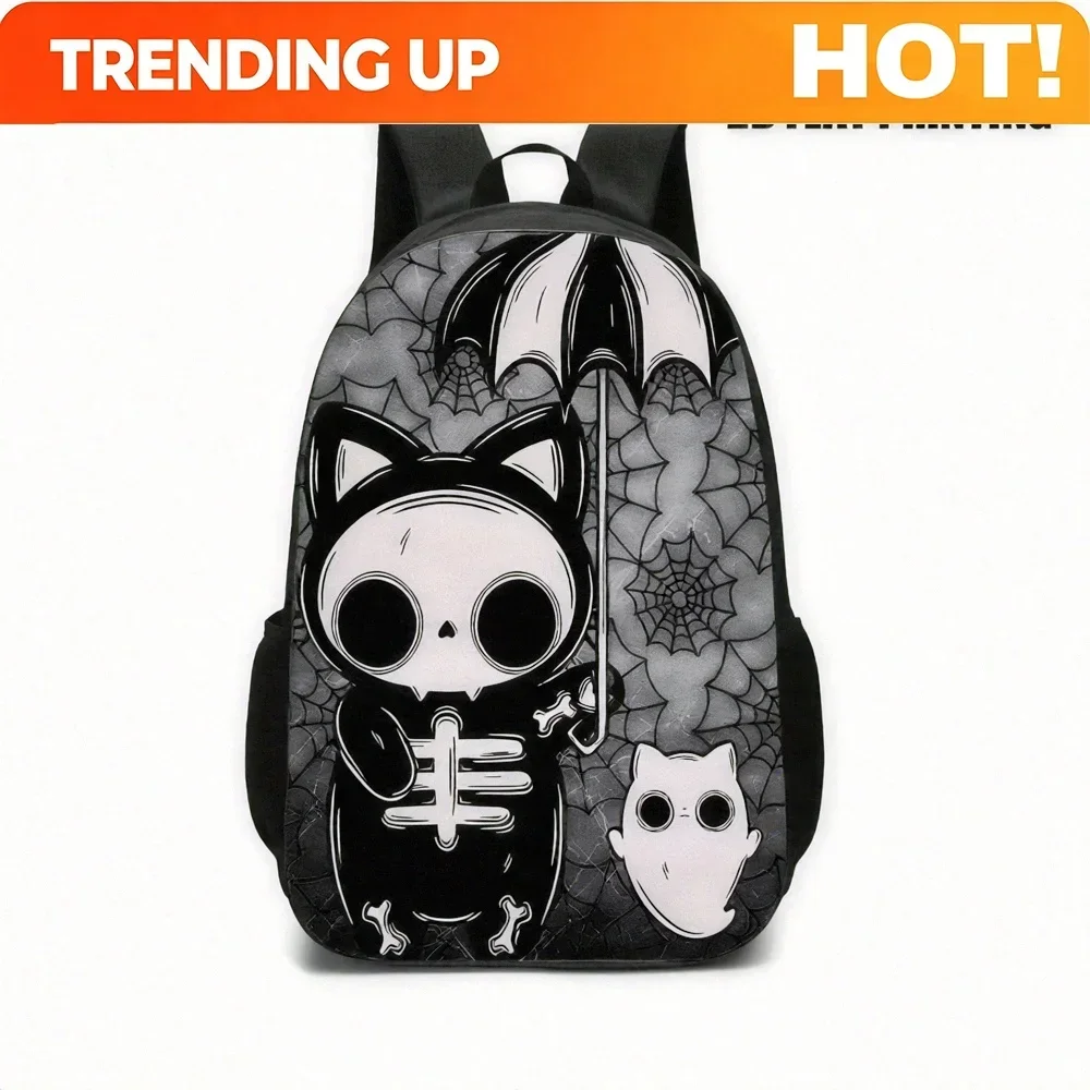 Custom Bag Halloween Gothic Backpack - Spooky Skeleton, Bats & Cat Design With Skull & Crossbones Print, Large Capacity Bookbag