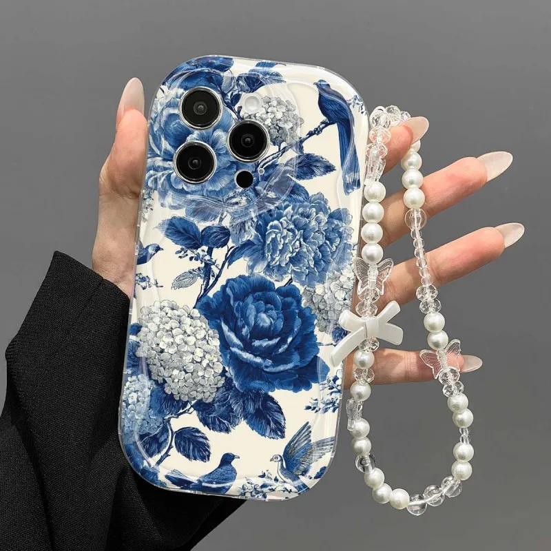 Bead Lanyard Ripple Border Case Retro Blue Flower For Samsung Galaxy S26 Ultra S25 S24 S23+ A57 A37 A56 A55 A36 A27 A16 4G Cover