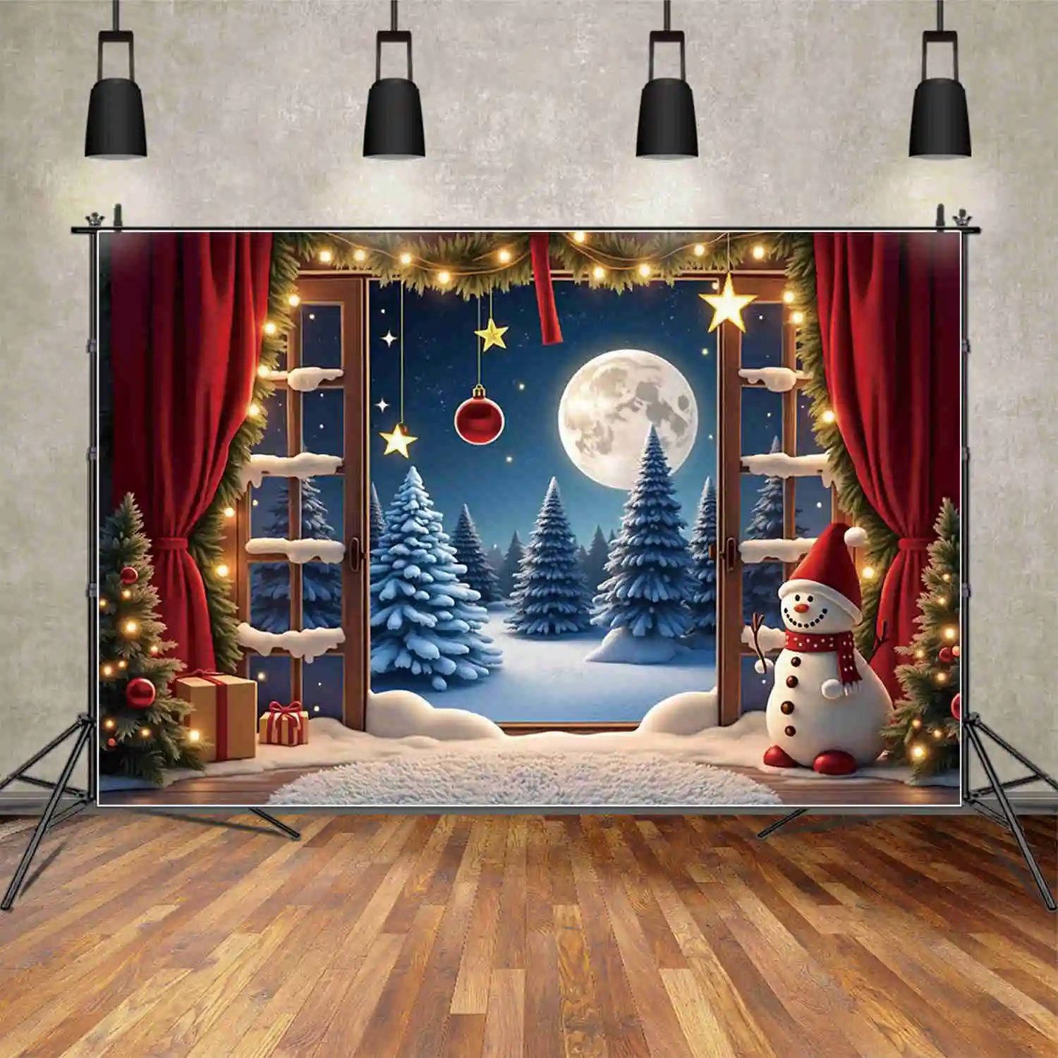 MOON.QG Christmas Scenery Backdrop Photography Window New Year Xmas Tree Photocall Background Baby Photo Studio Photobooth Props