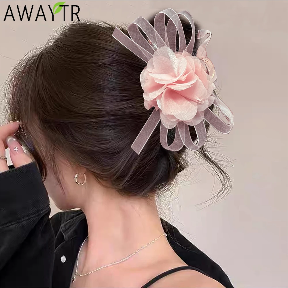 AWAYTR Chiffon Multi-petal Flowers Hair Claws Farbic Ponytail Hair Clips Crab For Women Girl Gift Hair Accessories Headwear