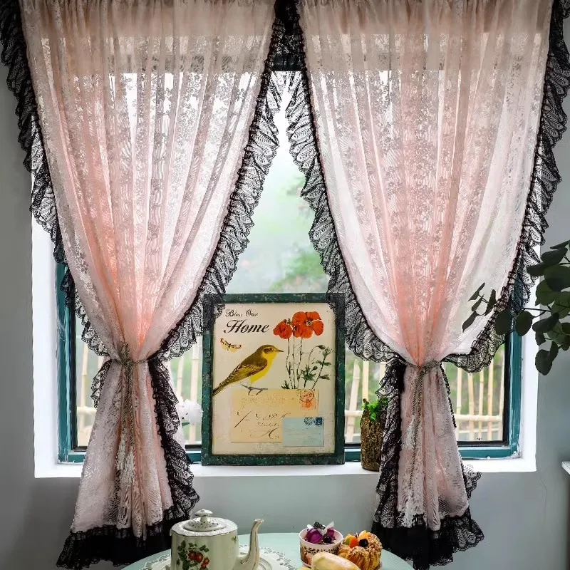 

1Piece Korean Romantic Pink Lace Sheer Tulle Curtain Privacy Partition Curtain For Bedroom Living Room Wedding Home Decor