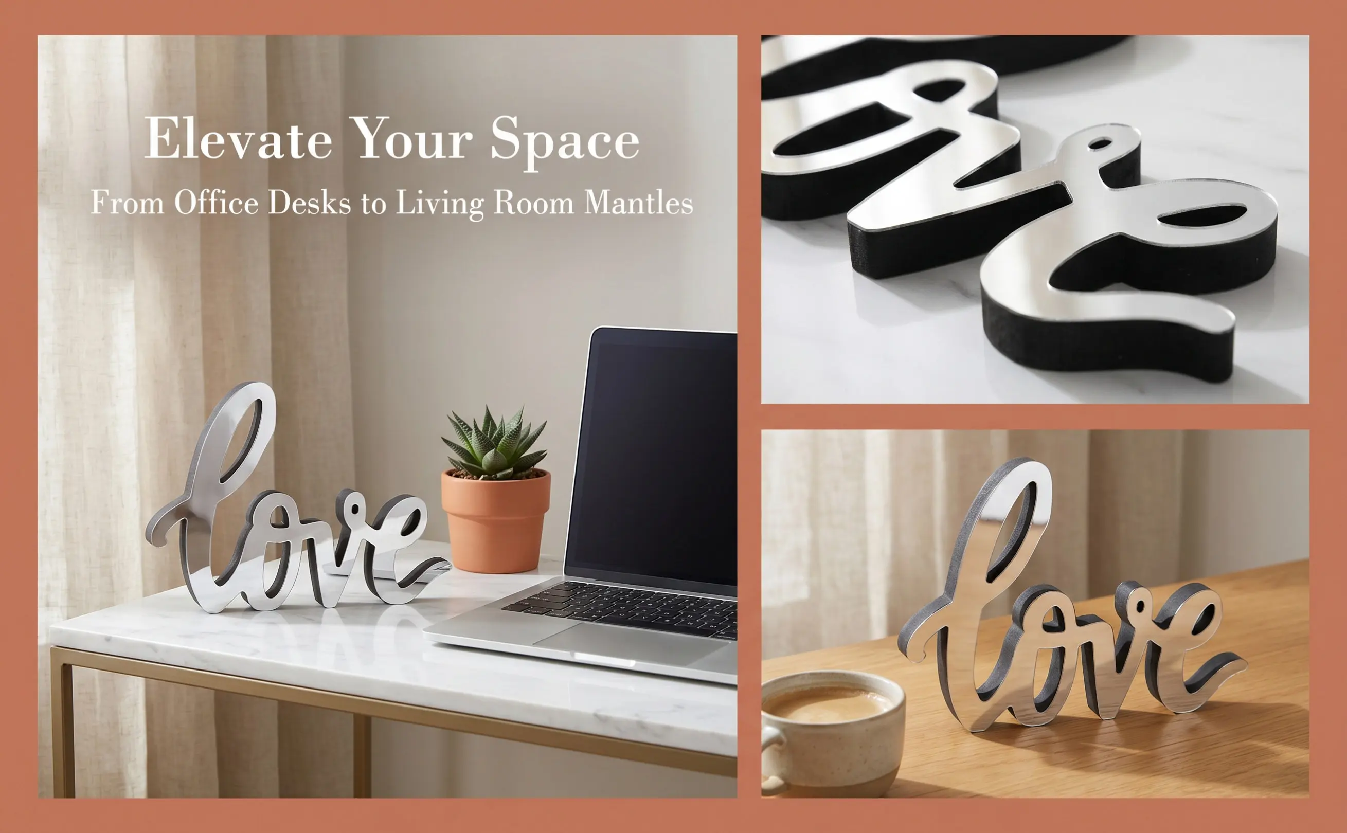 Acrylic Love Sign Desk Ornament Mirror Gloss Finish Letter Plaque Elegant Minimalist Decor for Office Home Study Desk Decoration