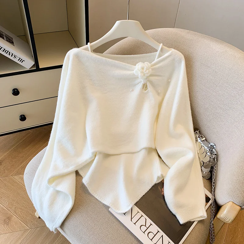 

Элегантный свитер с рукавами «летучая мышь» и ремешком во французском стиле, комплект из двух предметов для женщин на осень, однотонный пуловер