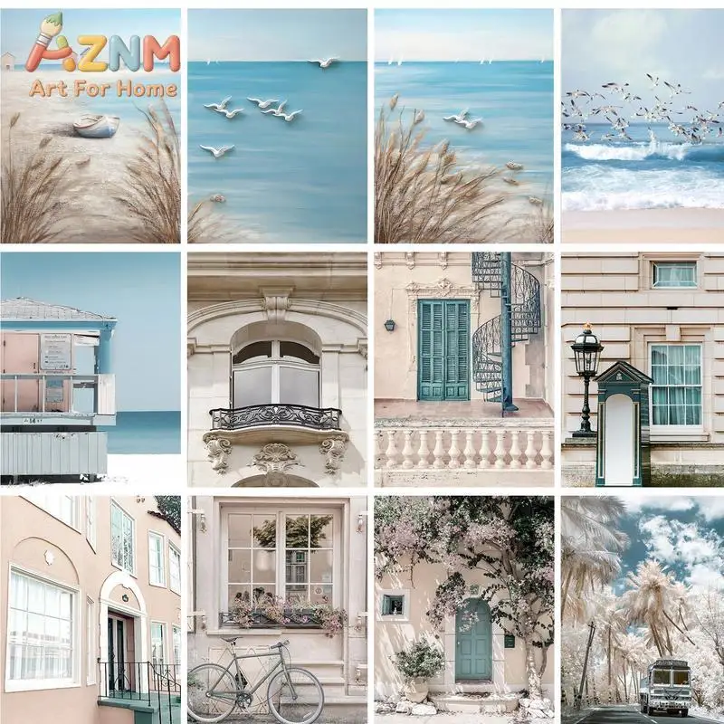 AZNM Mediterranean Coastal City Canvas Wall Art Beach Seagull Ocean European Building Street Scenery Pastel Tone Minimalist Unfr