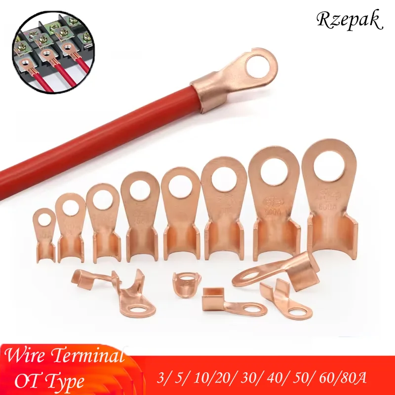 

Wire Terminal OT Type 3/ 5/ 10/20/ 30/ 40/ 50/ 60/80A Red Copper Bare Tip Ear Crimp Open End Cable Connector Splices