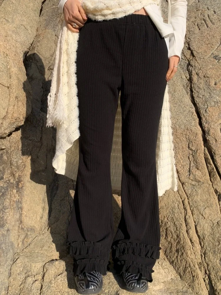 Primavera 2025 Dongda Gate Pantaloni a campana slim fit da donna Pantaloni lunghi in pizzo floreale micro svasato elastico in puro colore