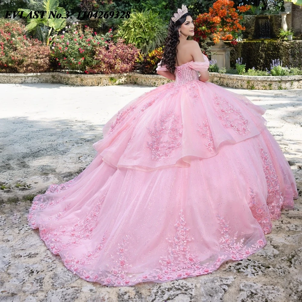 EVLAST Customized Mexican Pink Quinceanera Dress Ball Gown Lace Applique Beads Crystal Tiered Sweet 16 Vestido De 15 Anos E3Q255