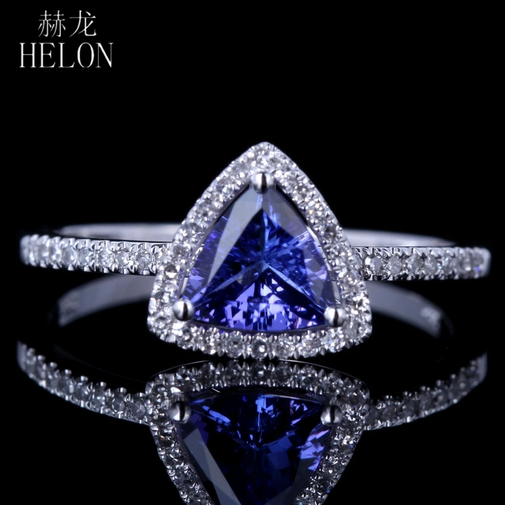 

HELON Solid 14K White Gold Ring Flawless 6mm Trillion Tanzanite Diamonds Engagement Wedding Ring For Women Fine Jewelry Gift