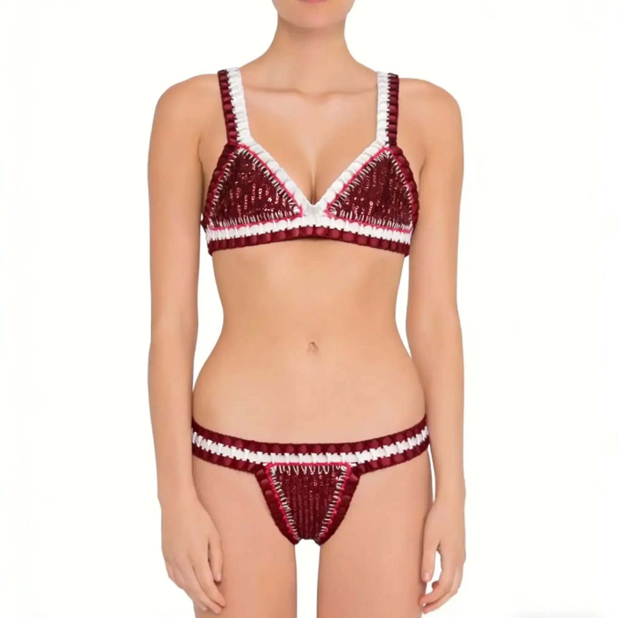 Women's Burgundy Sequin Handmade Crochet Bikini Set with Contrast Crochet Trim - Two Piece Swimsuit for Beach & Pool Party