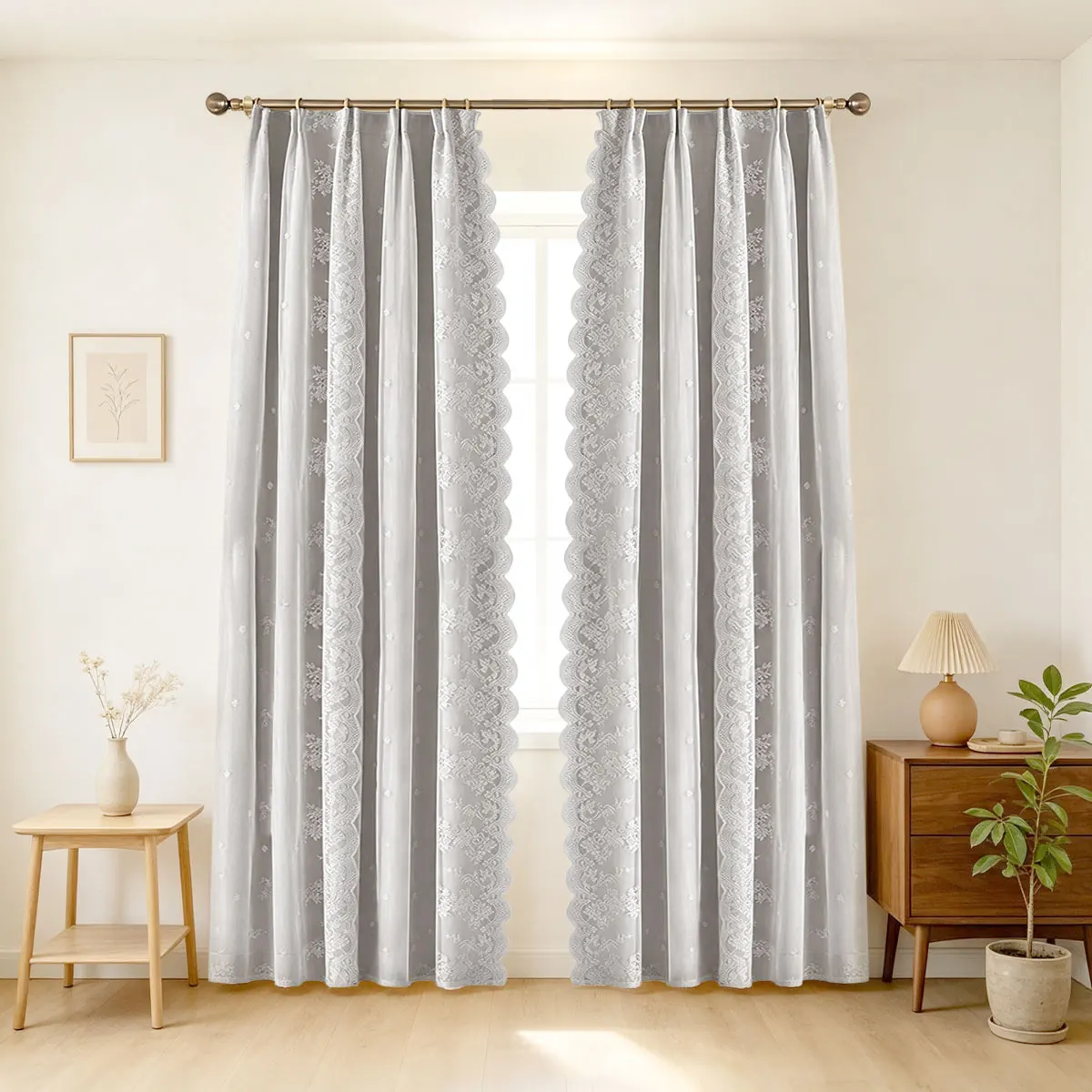 Grey Double Layer Curtains 2 Panels, Four Prong Hook, Floral Lace Sheer Overlay, Scalloped Edge Window Drape for Bedroom