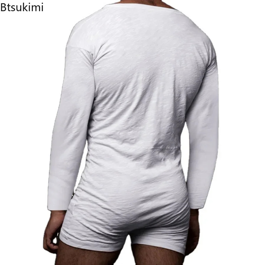 Nuevo 2025 conjuntos de pijamas sexis para hombre, mono informal de una pieza para hombre, pelele liso de manga larga, mono de una sola botonadura,