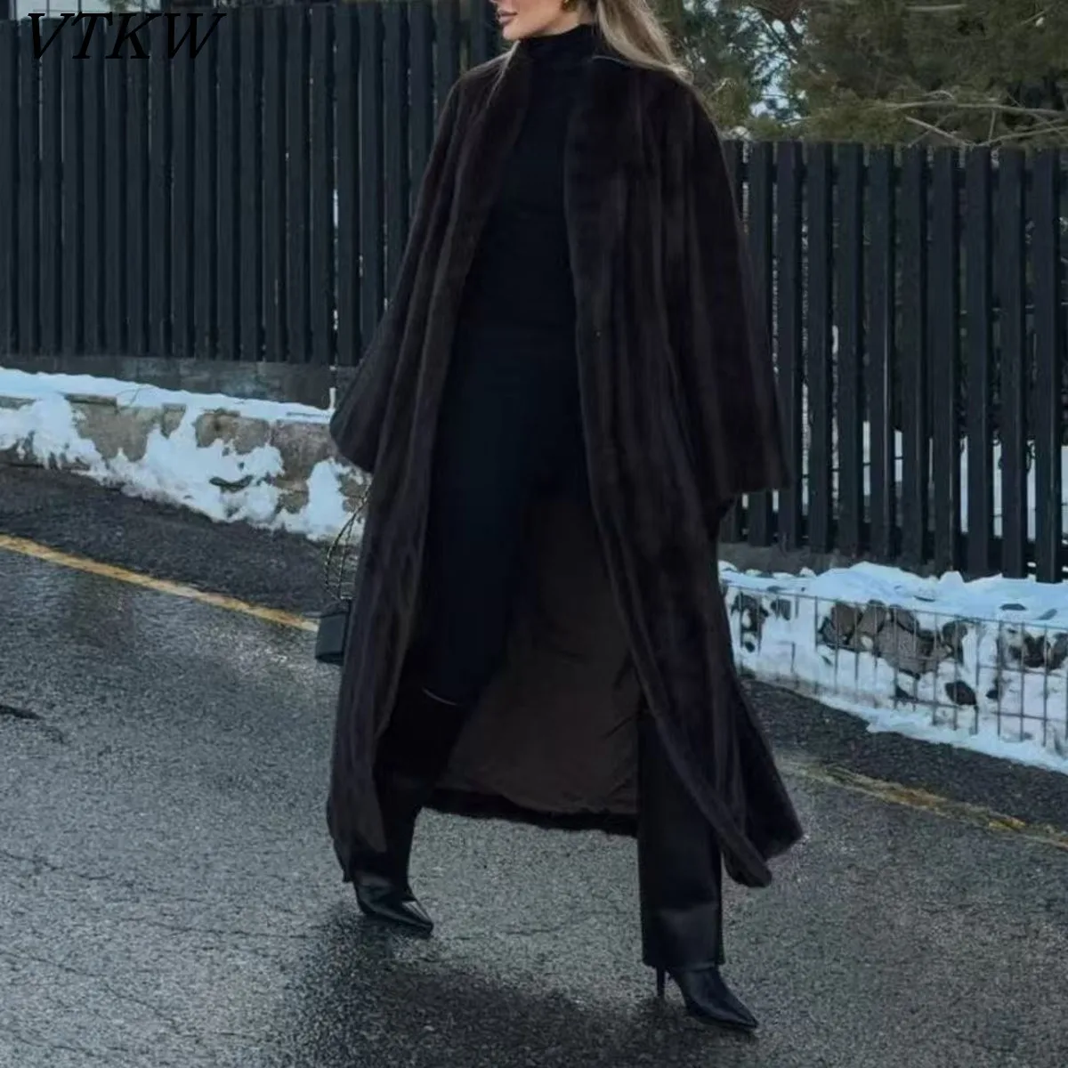 

VTKW Popularity Women’s 2025 Fashion Long Thick Elegant Designer Fur Coat V-Neck Slim Fit Premium Office Wear Autumn Winter