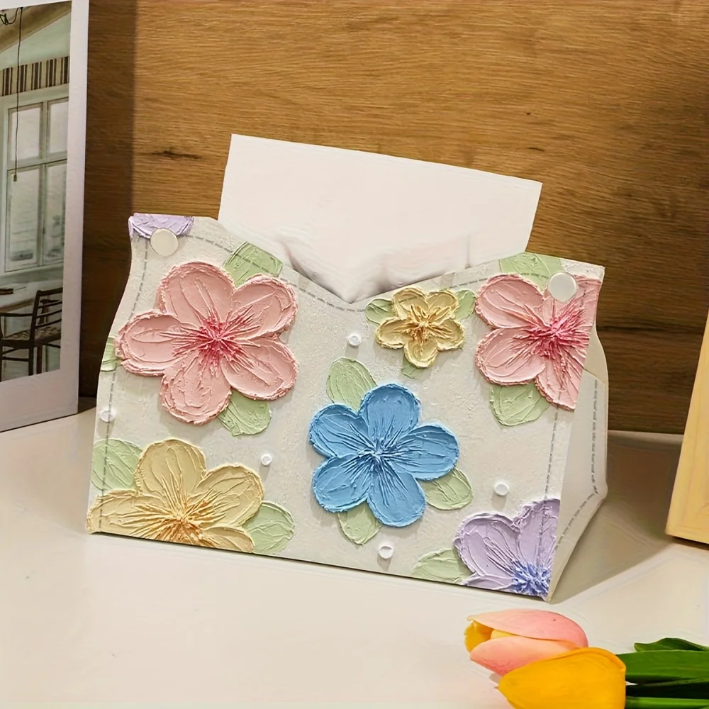 3D Embroidered Flower Fabric Tissue Box Cover in Macaron Colors, Suitable for Desktop Storage or Home Dining Room Decoration