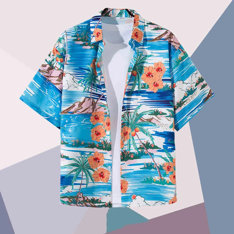 Hawaiian Retro Travel Flower Shirt Men's Short Sleeved Summer Seaside Vacation Loose Casual Trend Vintage Men Tees Style Shirt