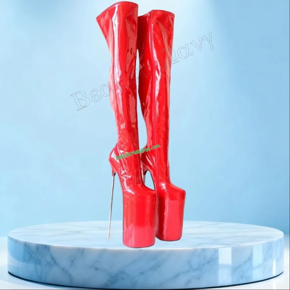 

Red Patent Leather Metal Heel Boots Platform Over The Knee High Heel Shoes Solid Sexy Women Shoes New Zapatos Para Mujere