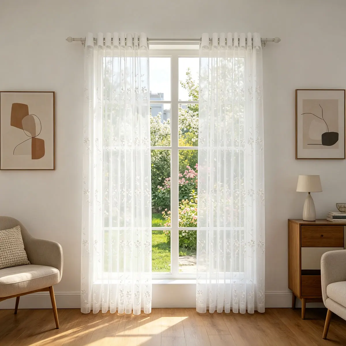 2pcs French White Floral Embroidered Sheer Curtains, Transparent Voile Drapes for Living Room & Bedroom