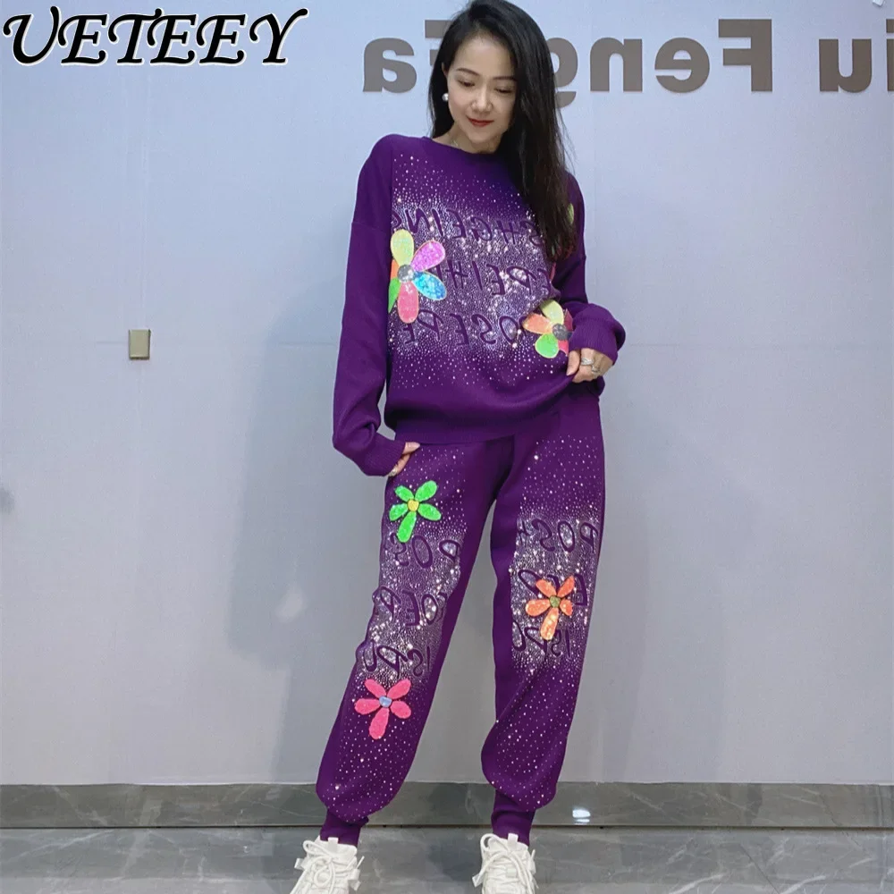 

Autumn and Winter New Fashion Long Sleeve Printed Pullover Sequined Shiny Diamond Knitwear and Trousers Casual Two-Piece Suit