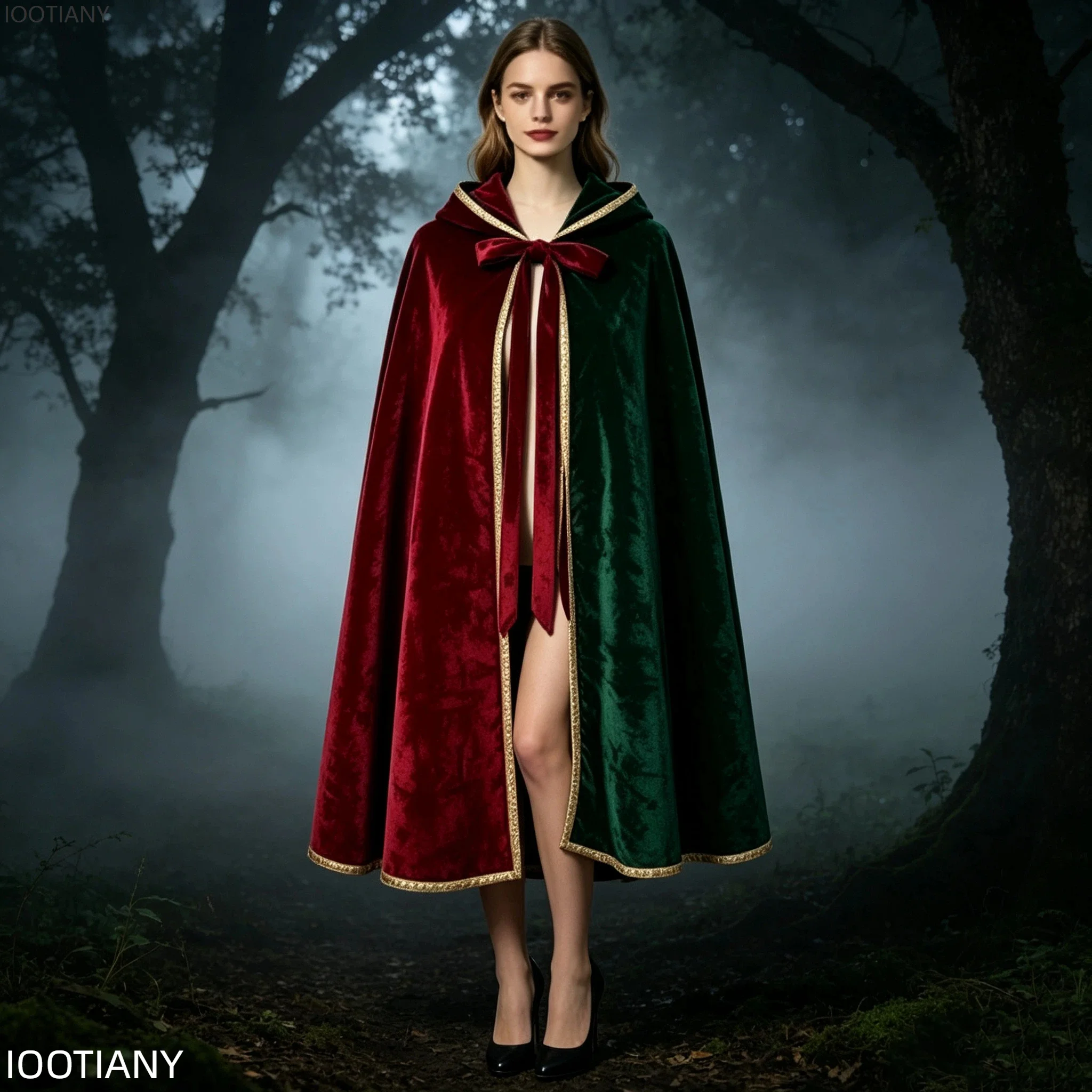 Vintage Gold Edge Velvet Hooded Cape Renaissance Witch Fairy Costume Multi Color Halloween Holiday Party Masquerade Cosplay Robe