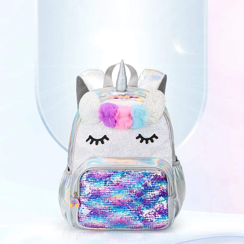 Kindergarten School Bags Children Cartoon Backpacks For Girls Sequins Rainbow Unicorn Kids Anti-Lost Small Bags