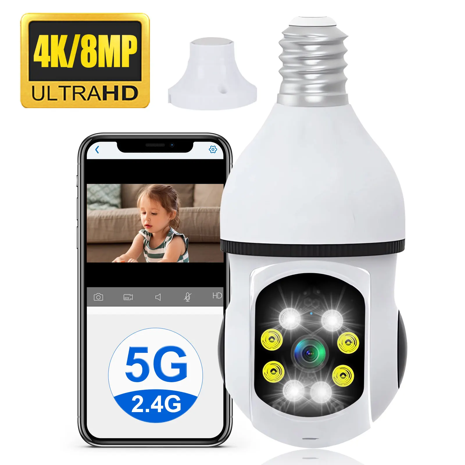 8MP 4K WiFi Home Light Bulb Camera Spotlight E27 Light Bulb Camera 360 degree Panoramic IP Camera Ai Motion Detection Security