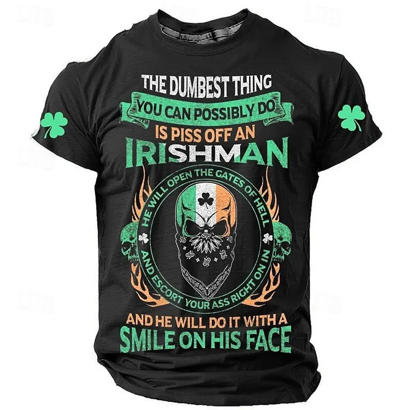 Ireland St Patrick Day Men's T-shirt Short Sleeve Outdoor Street Pullover Top Funny Humorous Text Skeleton Graphic Plus Tee 2025