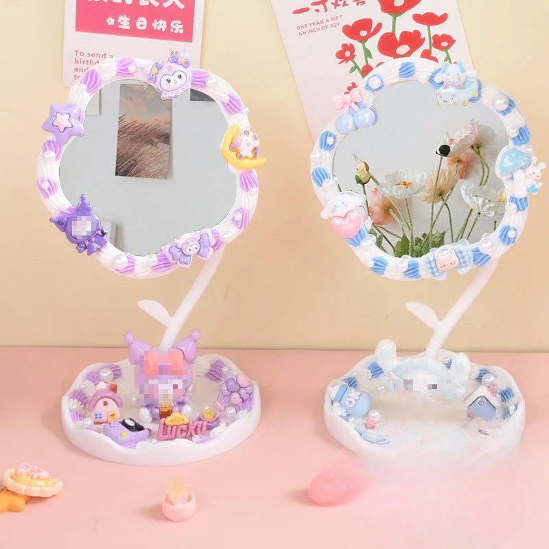 مرآة مكياج على شكل قلب للأطفال مصنوعة يدويًا بغراء كريمي ومرآة صغيرة لمرآة مكياج للفتيات #6