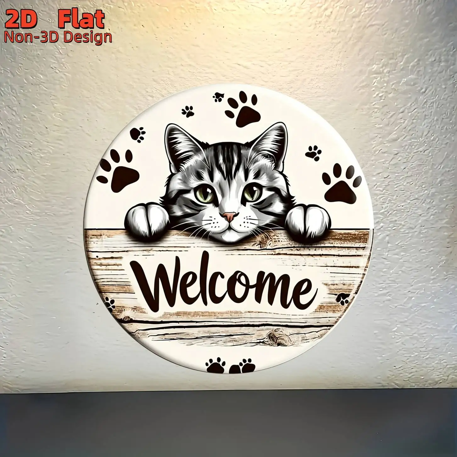2D Flat, 2D Flat Wooden Sign, Round Probe Cat Paw Print Welcome Slogan Decorative Hanging Plaque, Suitable for Entryway Foyer De