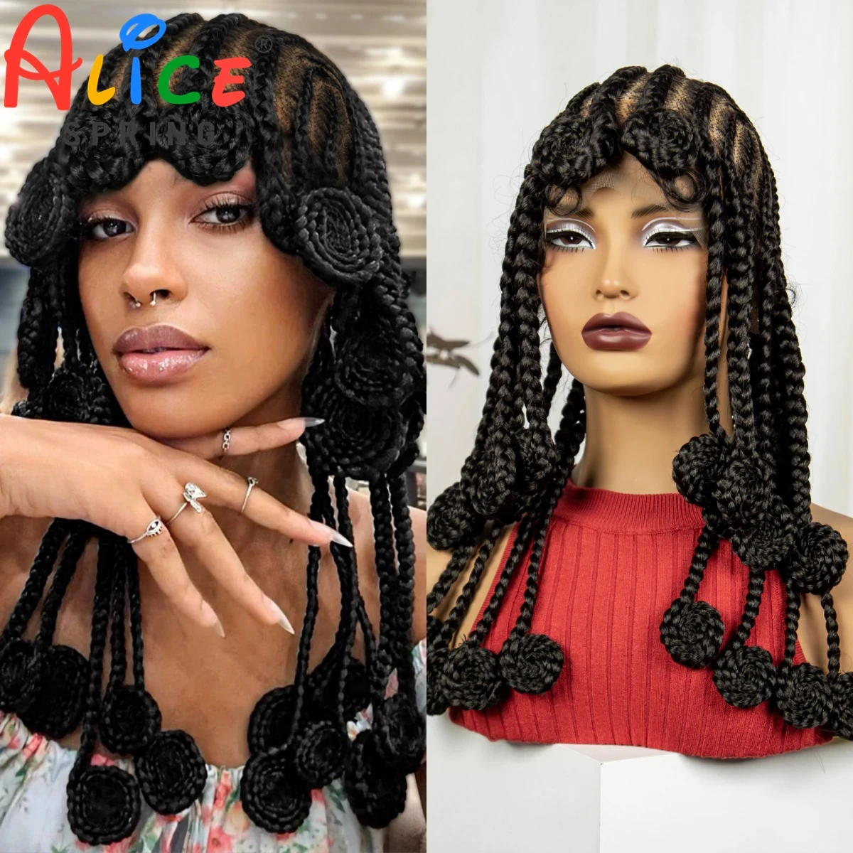 Wig kepang Bantu buatan tangan 18 inci sintetis renda penuh wig kepang Cornrow wig renda kepang Natural untuk wanita dengan rambut bayi