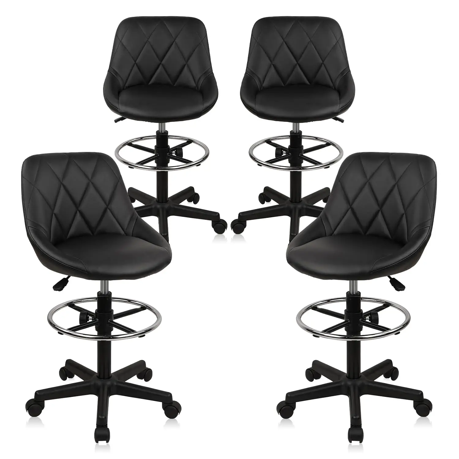 Drafting Stool w/ Backrest & Wheels Adjustable Footrest PU Leather Swivel Office Chair Kitchen Bar Black 4 Pack, Customized