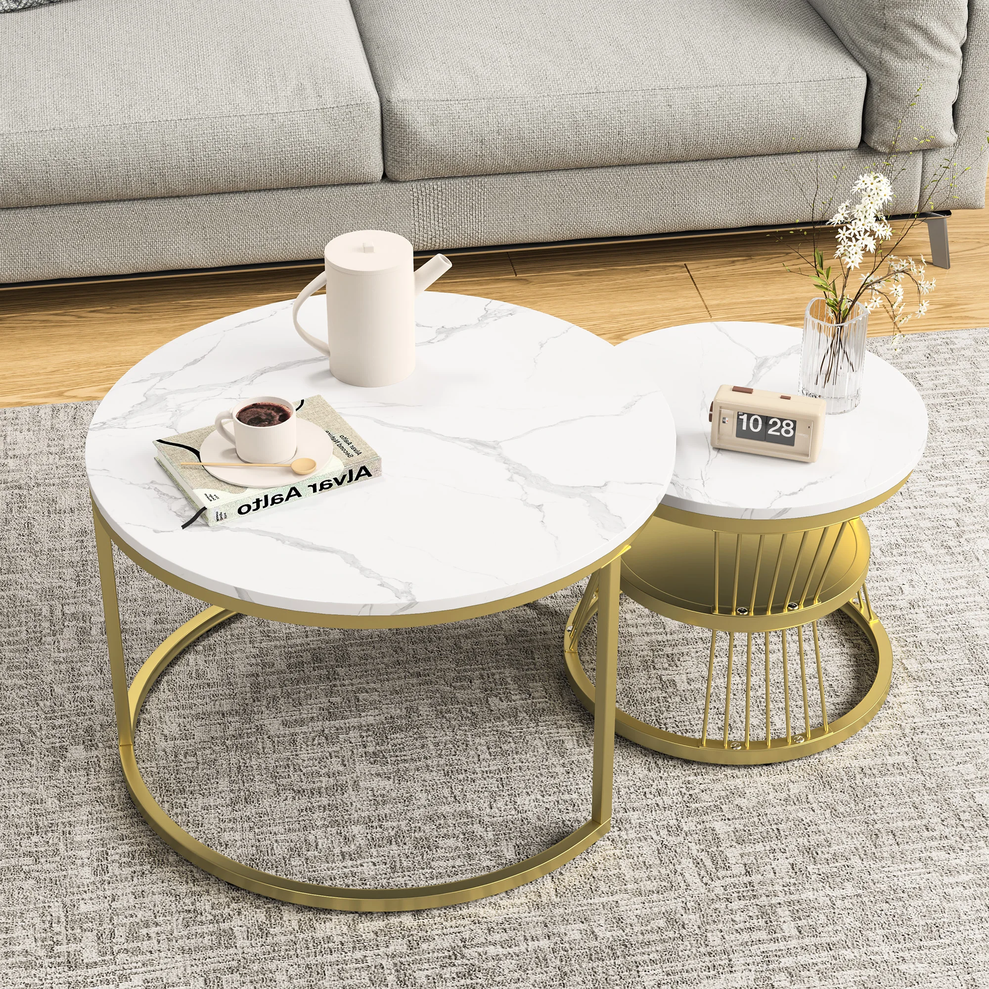 2-piece set Coffee Table 70*70*45.5cm+45*45*40cm,modern round nesting side tables ,Marble veneer