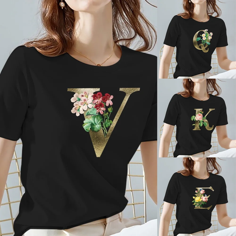 

Women Tshirts Summer Golden Flower Letter Name Pattern Print Female Tops Tee Casual Black and White Basis T-shirt Women Clothing