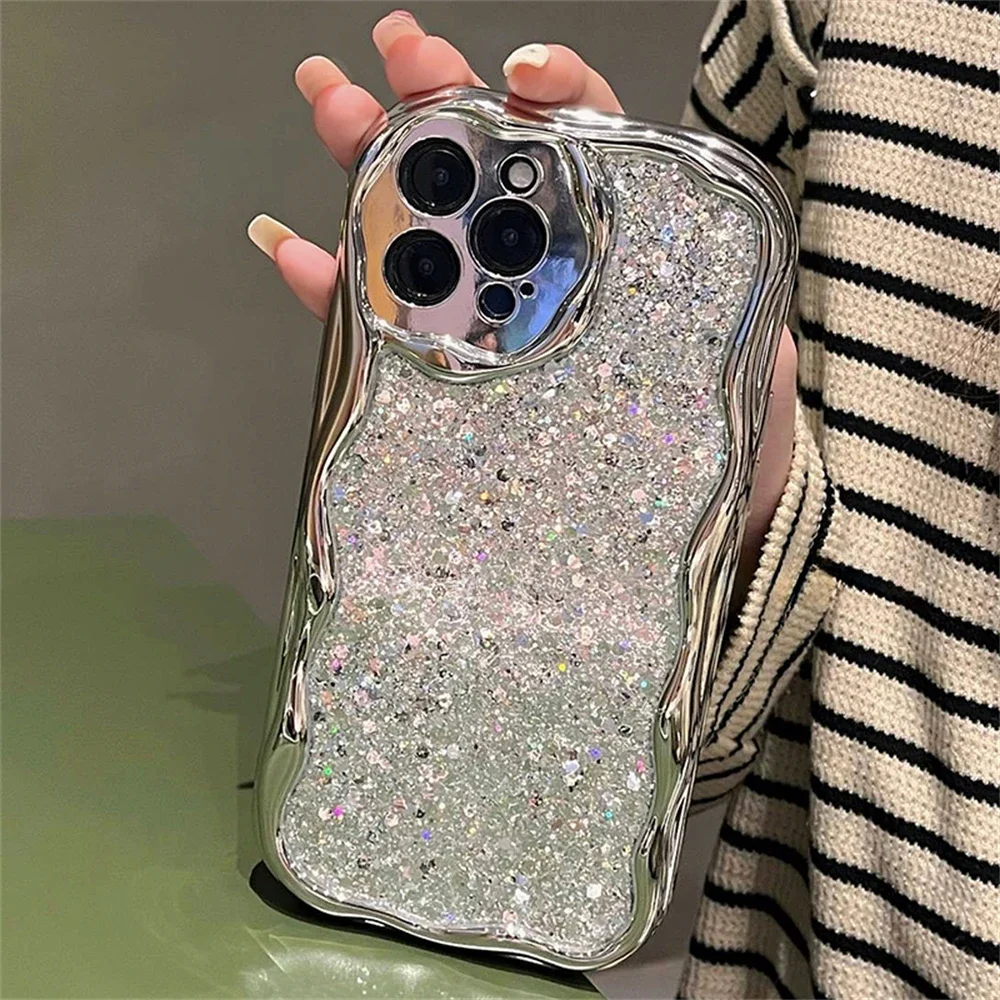 Luxury Bling Silver Plating Wavy Phone Case For iPhone 15 14 13 12 11 Pro Max X XR XS Glitter 3D Epoxy Shockproof Bumper Cover