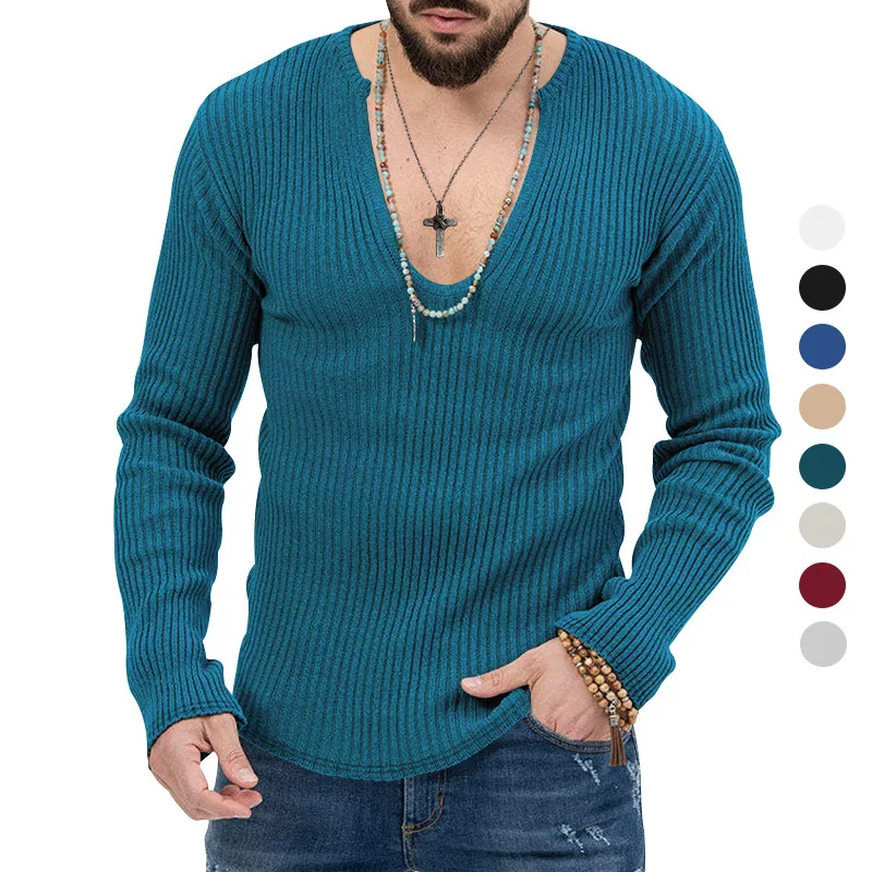 GELITAYIN Europe And America Men's Long SleeveTT-shirt Spring And Autumn Trends DeepVCollar New Solid Color Knitted Long-Slee