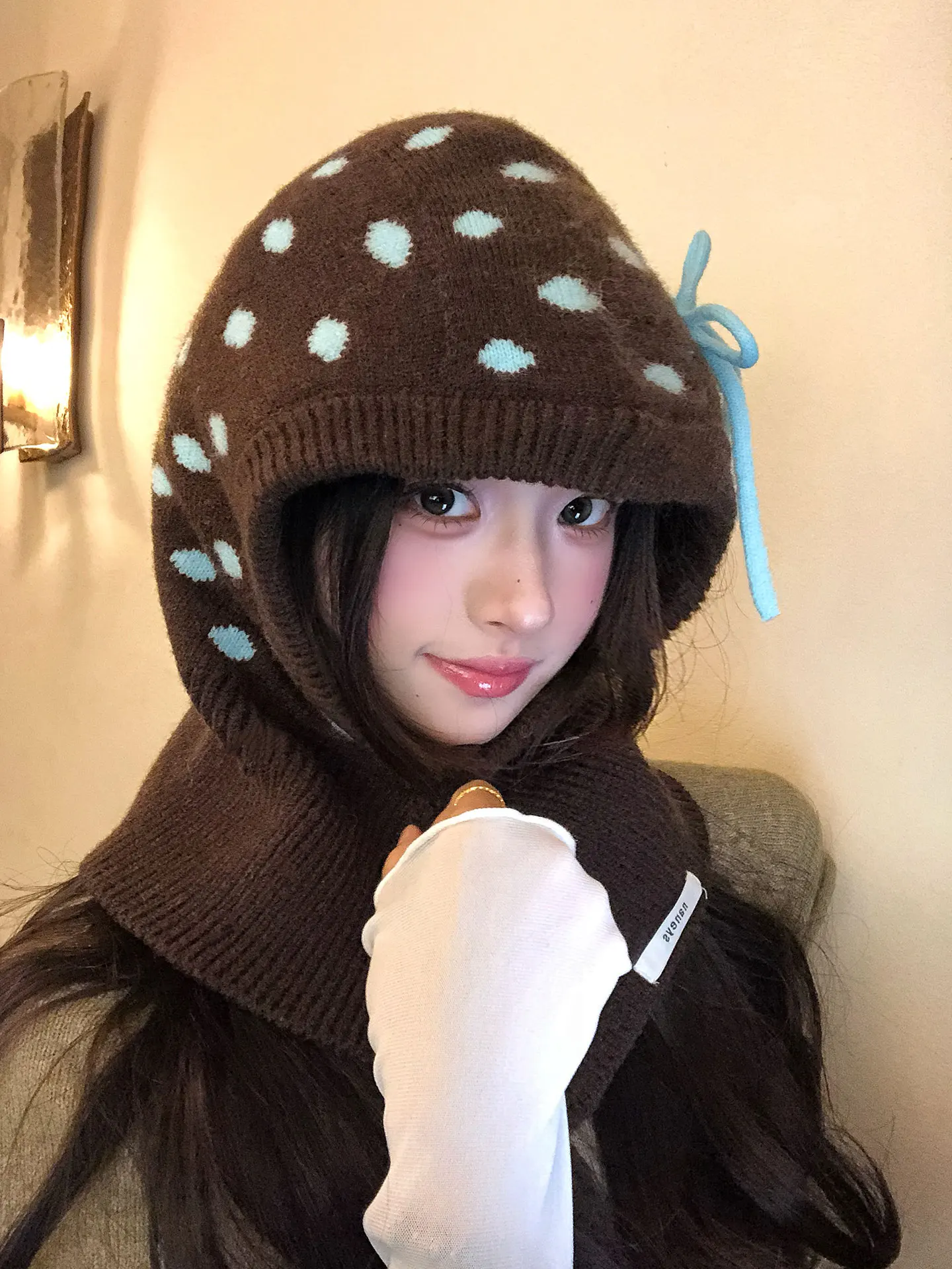 Adorable Sweet Polka Dot  Knot Baroque Hat Women's Autumn Winter Integrated Knitted Scarf One Size Fits All