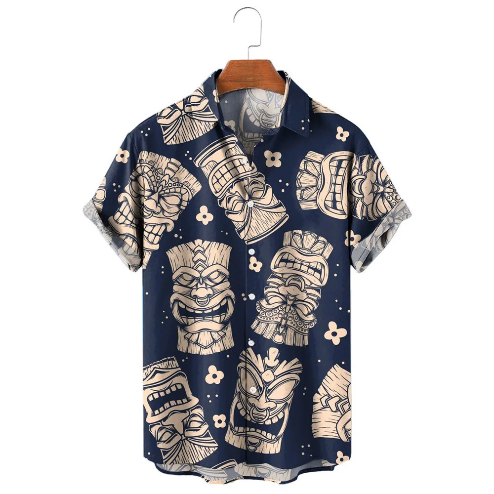 

HX Fashion Men's Shirts Hawaii Polynesian Mask 3D Printed Casual Shirt Short Sleeve Beach Shirt Camisas Men Clothing