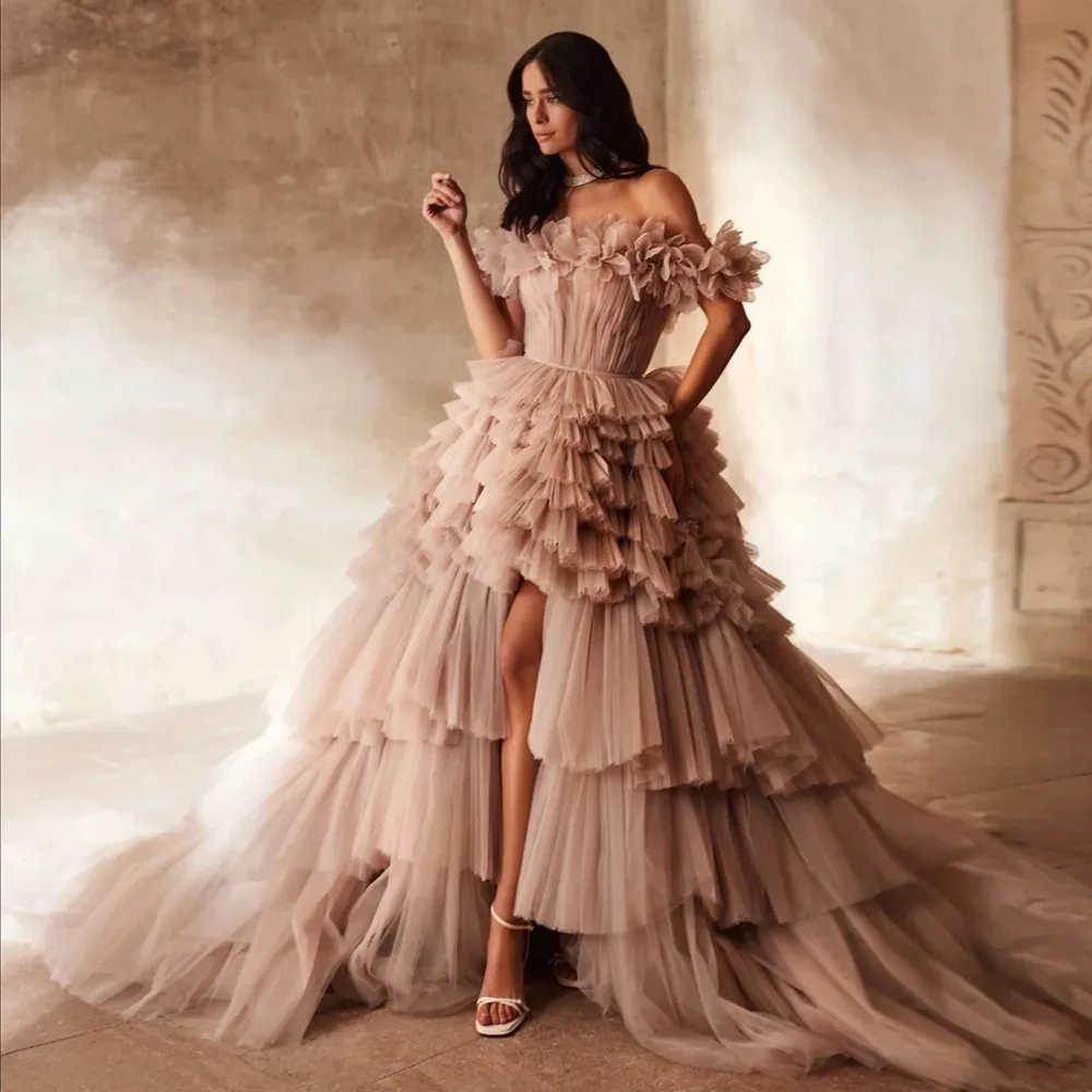 Glamorous Layered Tulle Bridal Dress Photoshoot Wedding Gown Mauve Pink Off the Shoulder Prom Party Dresses Handmade Formal Gown