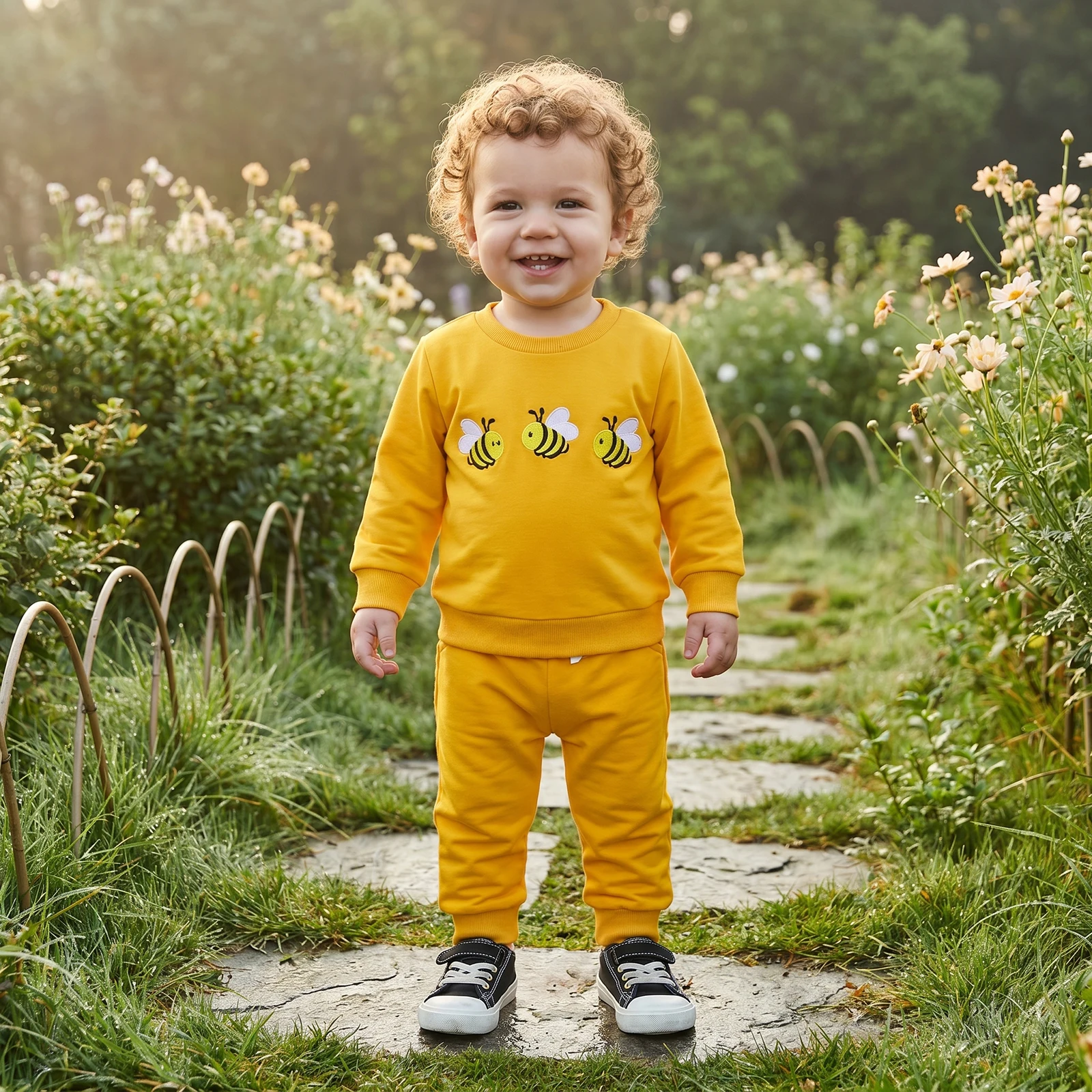 2027 Early Autumn Toddler Baby Boy Girl Winter Fall Outfits Bee Embroidered Long Sleeve Sweatshirt and Jogger Pants 2 Piece Set