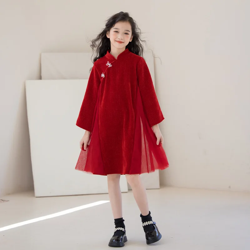 Girls Autumn Winter New Year Dress Children Chinese Style Red Tang Suit Kids Event Festival Party Long Sleeves Costume