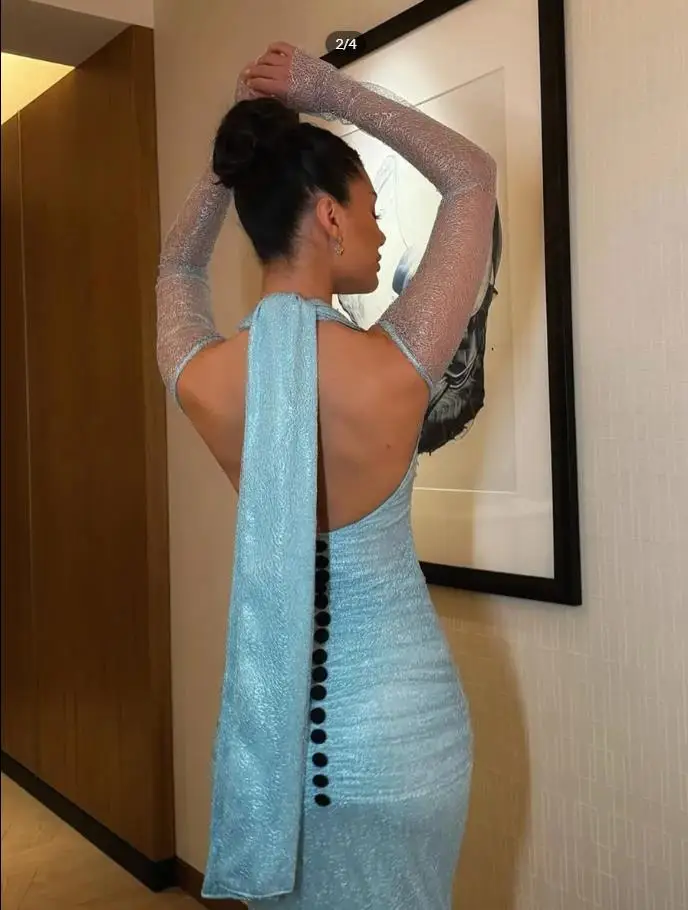 Customized Halter Mermaid Wedding Guest Gown Front Button Lace Wedding Party Dress Backless Blue Long Formal Cocktail Dresses