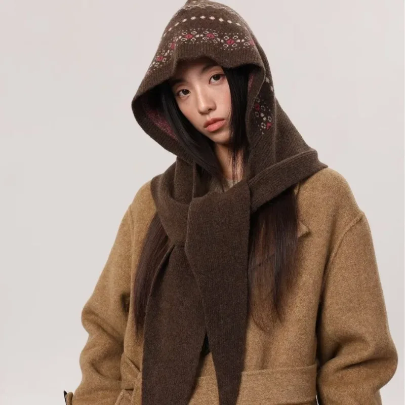 

Korean hat and scarf integrated thickened warm knitted cap for women, winter balaclava, collegiate-style shawl hat new